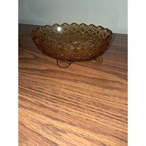 Vintage L G Wright Amber Footed Oval Daisy & Button Bowl